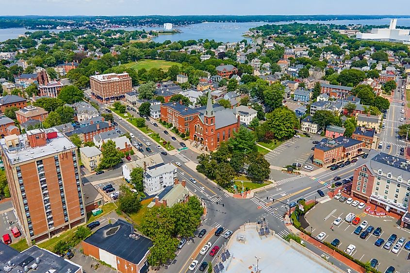 Salem downtown historic district on Essex Street aerial view in city center of Salem, Massachusetts.