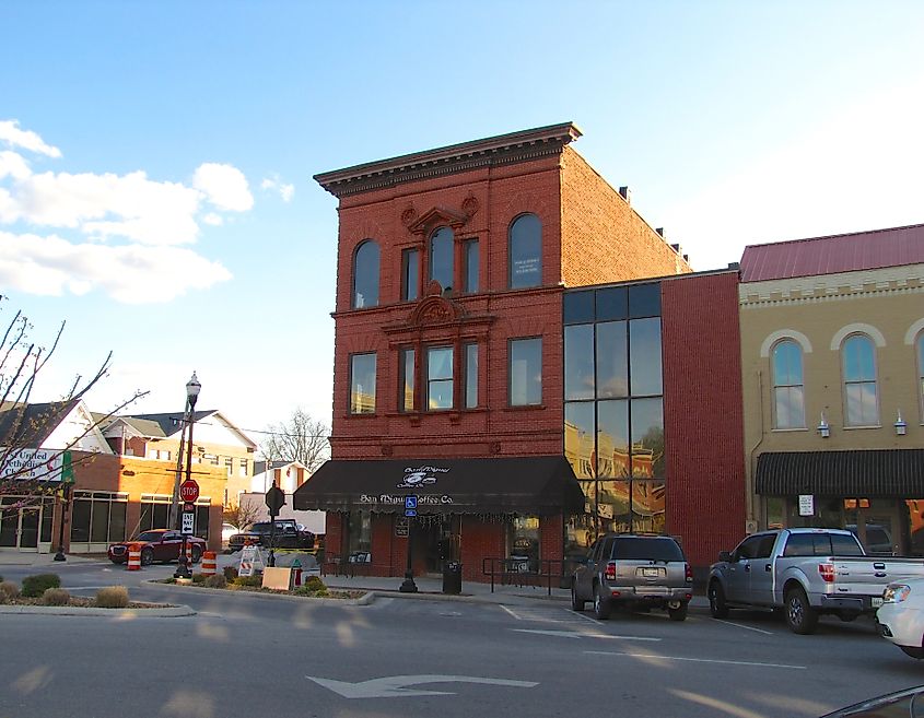 The old Bank of Winchester building, originally home to Farmers National Bank and now housing the San Miguel Coffee Company, in Winchester, Tennessee.