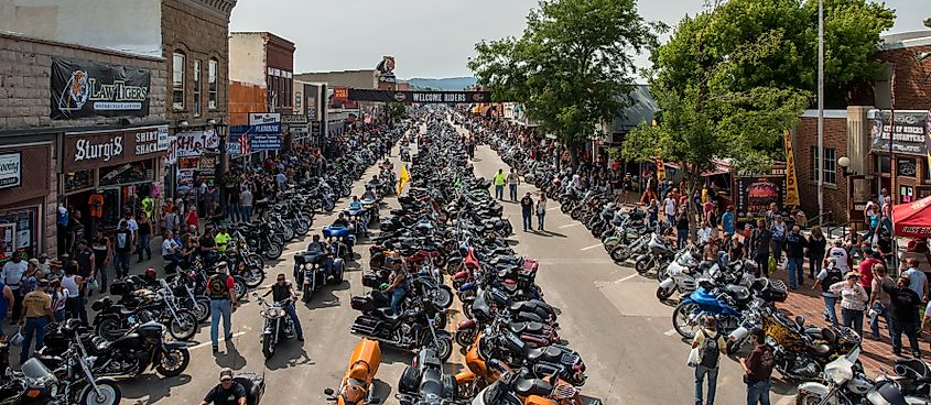 Sturgis, South Dakota, USA, during the annual motorbike rally, with crowds of bikers and motorcycles filling the streets.