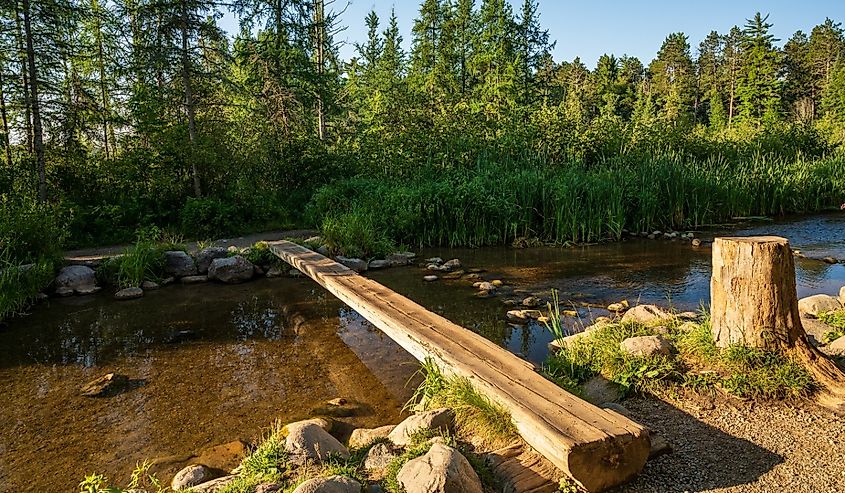 Log Bridge Over the Mississippi River Headwaters at Itasca State Park in Minnesota.