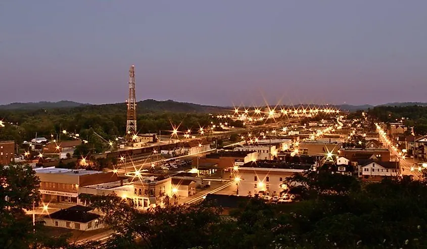 Aerial view of Corbin, Kentucky at dusk.