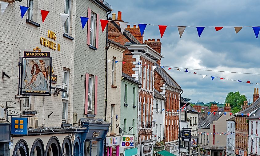 View of buildings along Broad Street in Ross on Wye, England