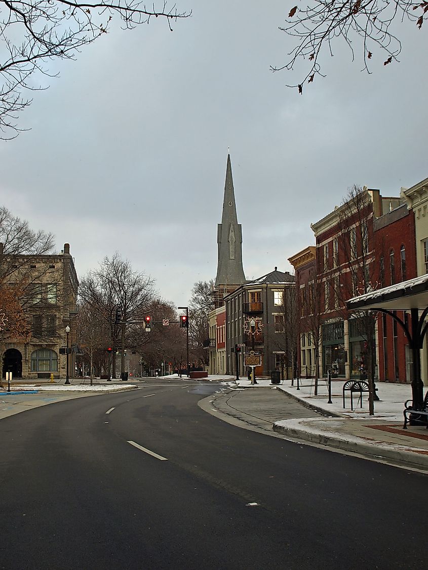 The Church of the Nativity's tower visible from Eustis Avenue in Huntsville, Alabama.