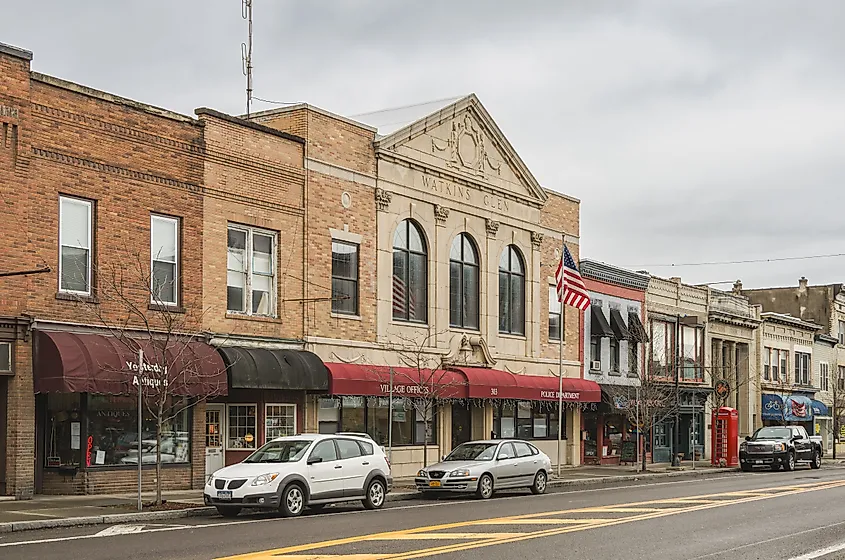 Watkins Glen, New York: Franklin Street in Watkins Glen with brick buildings and local shops