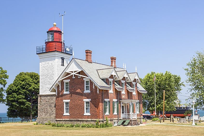 The Dunkirk Lighthouse, also known as the Point Gratiot Light, shines its beacon over the New York coast of Lake Erie.