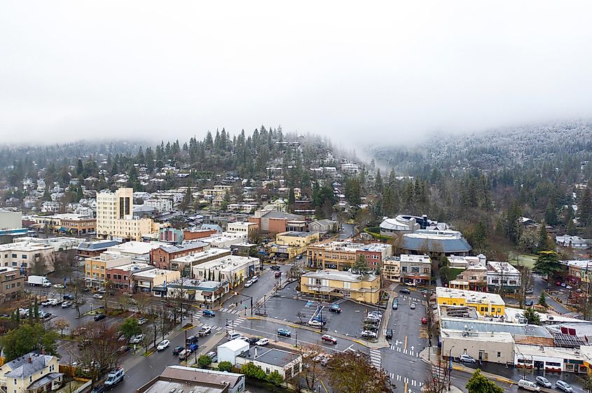 Aerial view of Ashland, Oregon during the winter season.