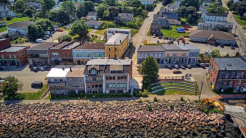 Aerial view of buildings in the town of Eastport, Maine.