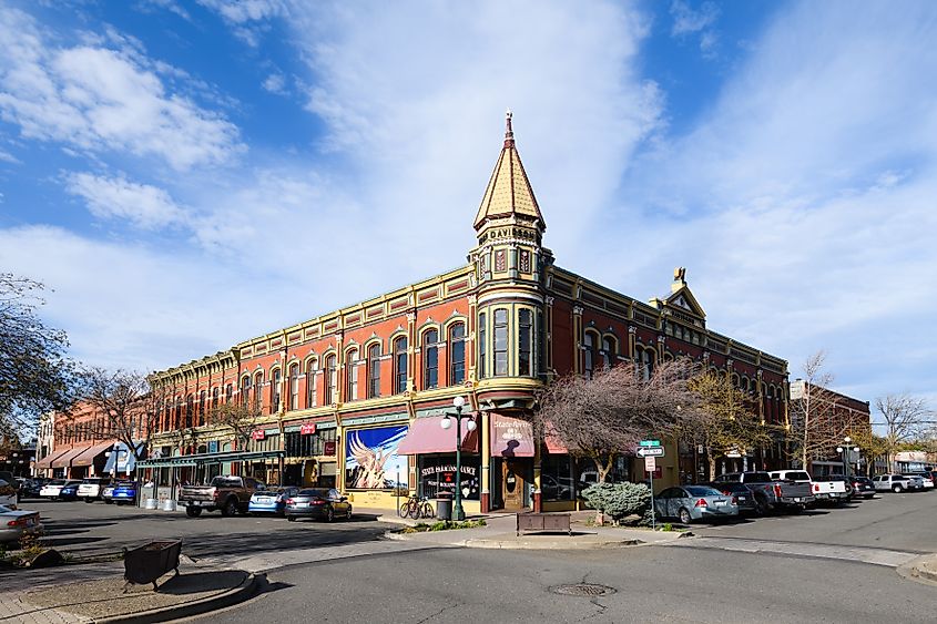 Davidson Building in downtown Ellensburg, WA, USA, photographed on a spring evening, highlighting its historic architecture and the vibrant atmosphere of the downtown area.