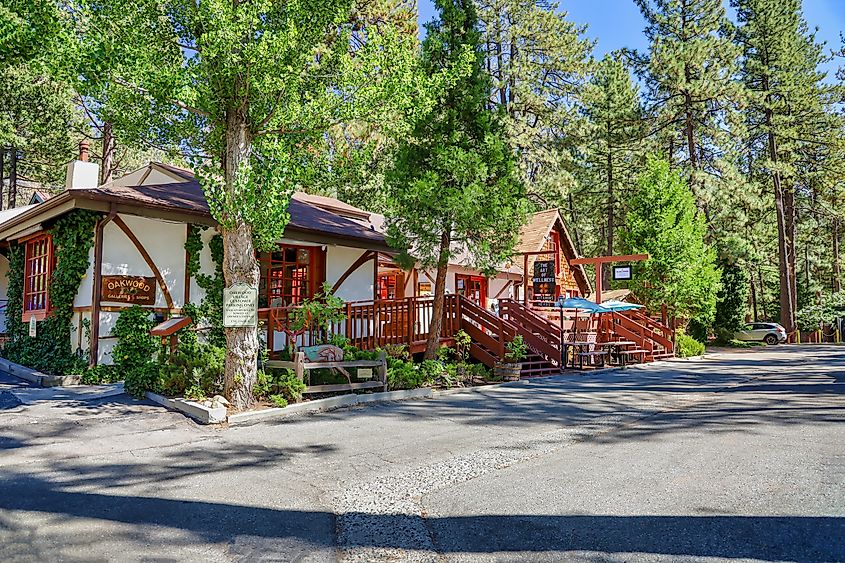 View of shops on the main street of Idyllwild, California, a small town in the San Jacinto Mountains