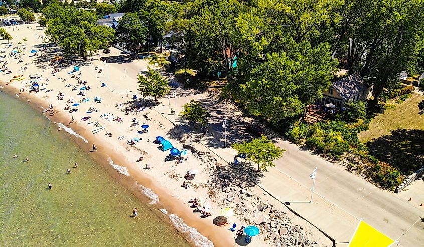 Drone shot of beach town of St Joseph, Michigan.