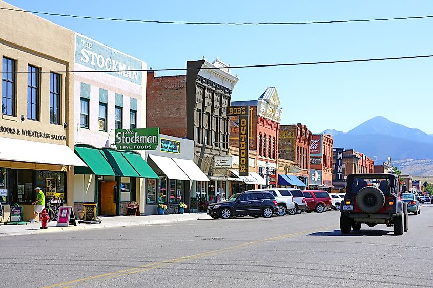 Businesses lined along a street in downtown Livingston, Montana.