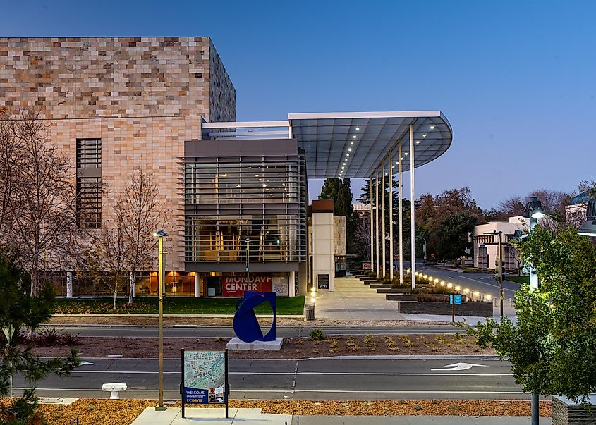 The Mondavi Center and Old Davis Road, in the late evening. The Mondavi Center is an iconic symbol of UC Davis and the city, via AlessandraRC / Shutterstock.com