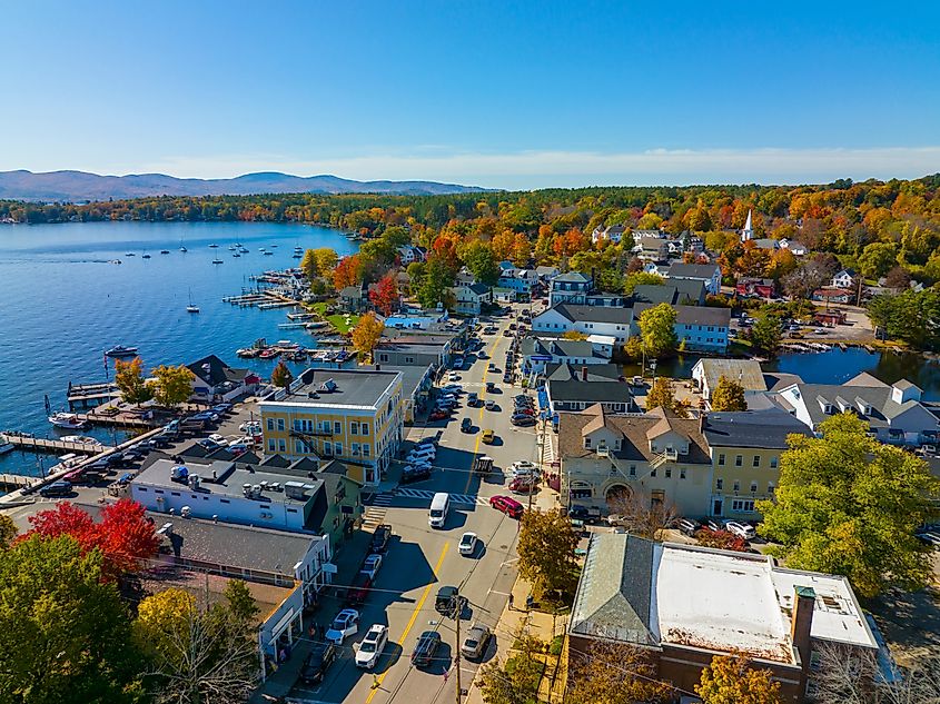 Aerial view of Main Street in the charming town of Wolfeboro, New Hampshire.