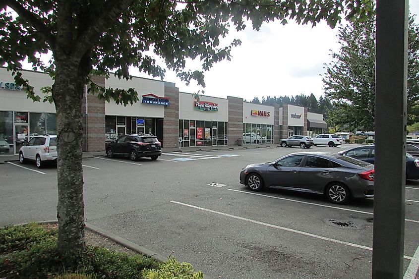 Storefronts at McHugh Plaza in Bonney Lake, Washington.