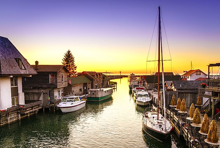 Sunset view of Fishtown in Leland, Michigan.