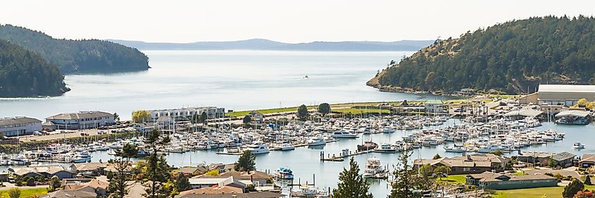 Panoramic view of Anacortes Marina, Puget Sound, and the San Juan Islands from Anacortes, showcasing the marina's boats, the expansive water, and the distant island landscape.