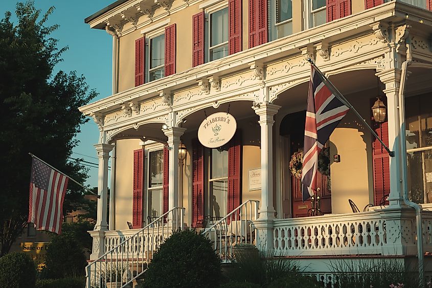 House with British and American flags, Teaberrys Tea Room, Flemington, New Jersey