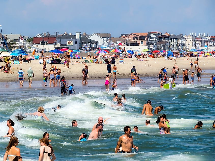 A crowd of sunbathers and swimmers in Spring Lake, New Jersey.