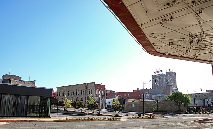 A view of downtown McAlester, Oklahoma, from underneath a theater awning.