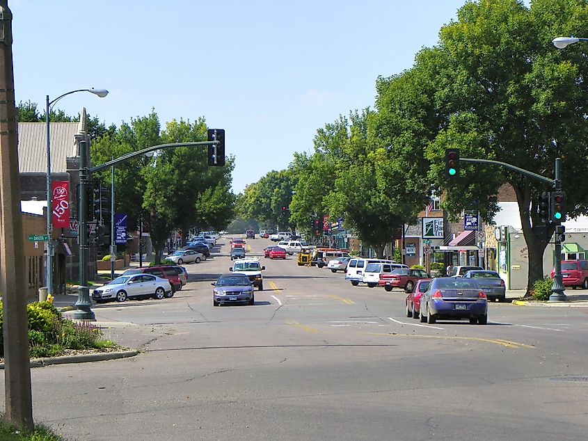 Cars are parked on Main Street in downtown Vermillion, South Dakota