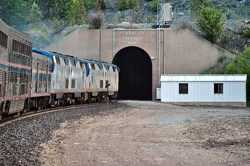 An eastbound Amtrak Empire Builder entering the Flathead Tunnel in Montana