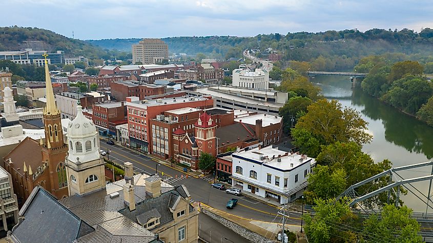 Aerial view of buildings and the Kentucky River in Frankfort, Kentucky.