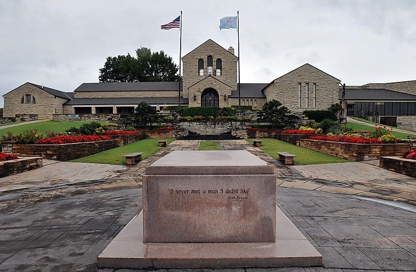 The tomb of American entertainer and writer Will Rogers at the Will Rogers Memorial Museum in Claremore, Oklahoma. Editorial credit: BD Images / Shutterstock.com