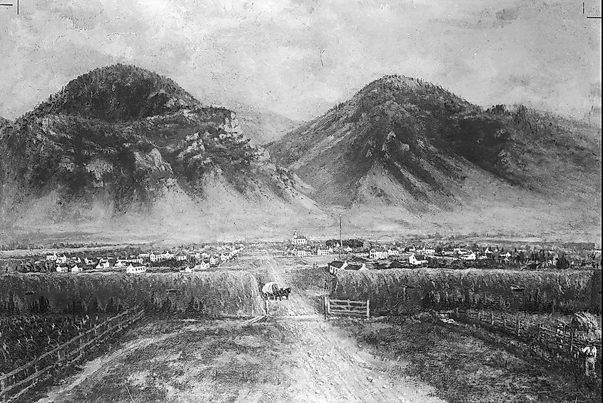 Mud walls constructed around Provo, Utah in 1853 to protect against raids.