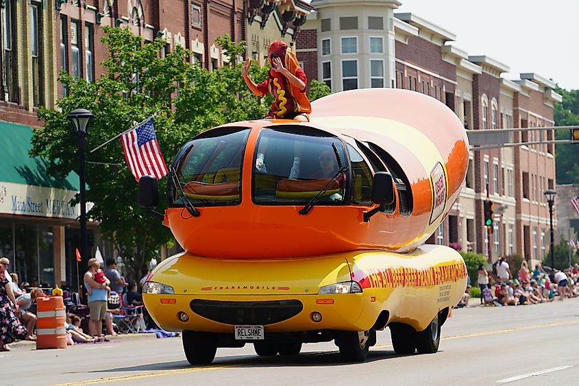 Oscar Mayer Beef Frankmobile traveled through Butterfest parade in Reedsburg, Wisconsin.