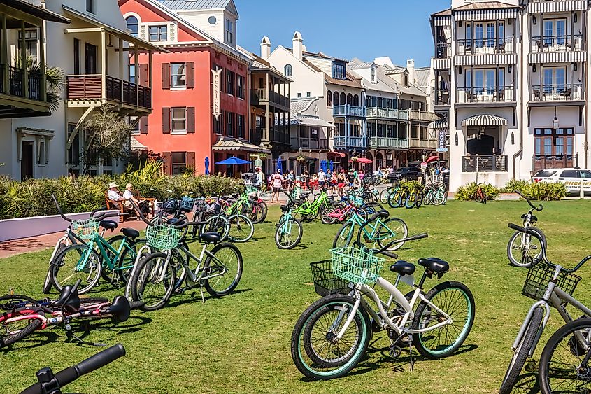 Bicycles on the grass in Rosemary Beach, Florida.