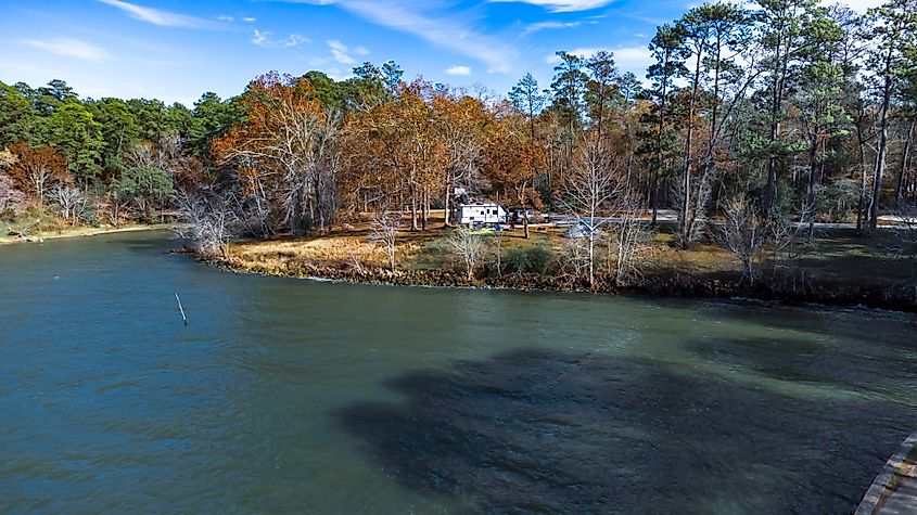 Coast of Lake Livingston during autumn in Texas.