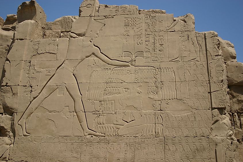 Thutmose III smiting his enemies. Relief on the seventh pylon in Karnak.