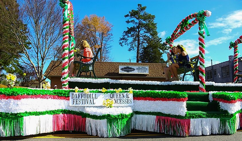 The Daffodil festival Queen & princesses float in the 31st annual Daffodil fest and parade in Gloucester, Virginia.