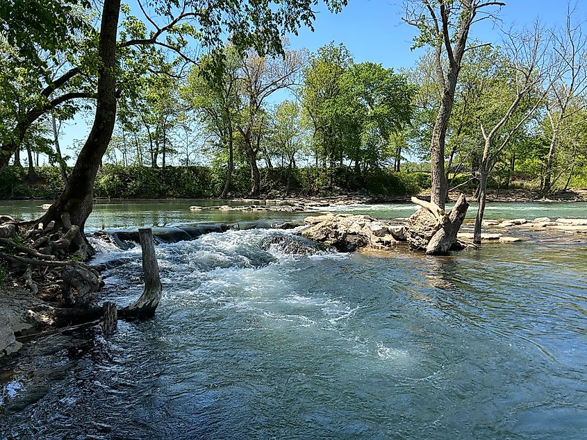 Beautiful view of waterfall and rapids at the Siloam Springs Kayak Park in Arkansas.