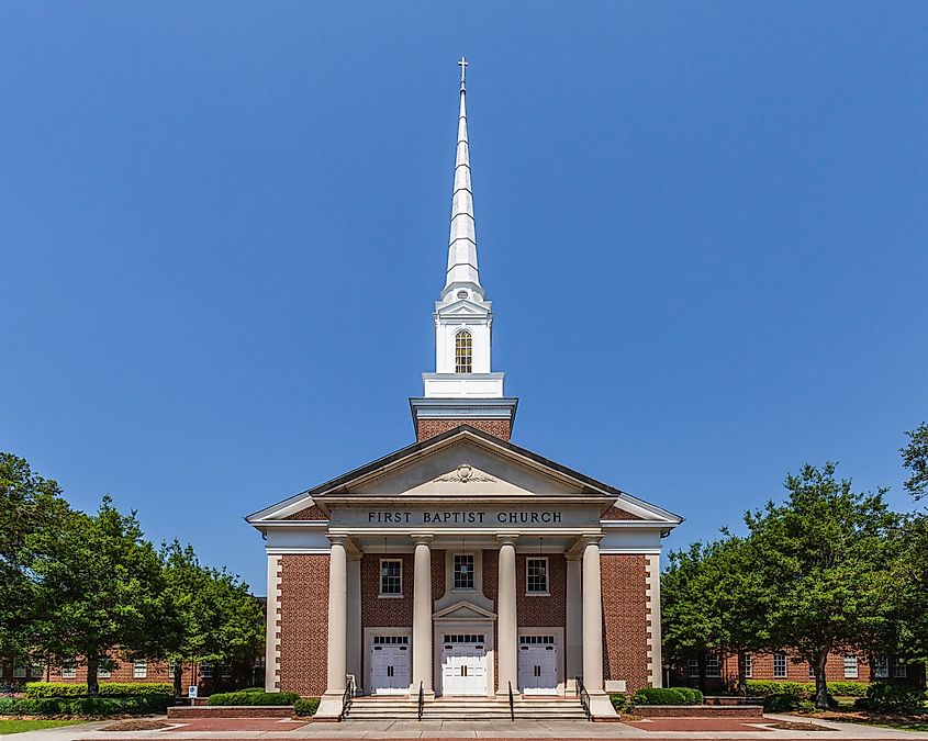 The First Baptist Church on a sunny summer day in downtown Walterboro, South Carolina.