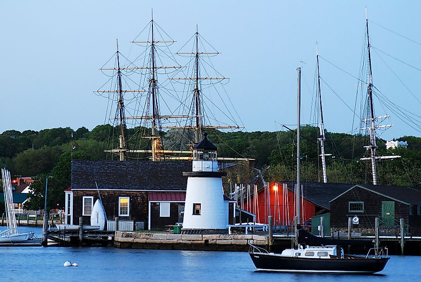 View of the Mystic Seaport in Mystic, Connecticut. Editorial credit: James Kirkikis / Shutterstock.com