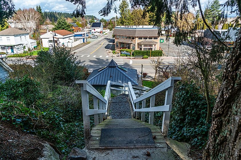 Stairs lead down to the street in downtown La Conner, Washington.