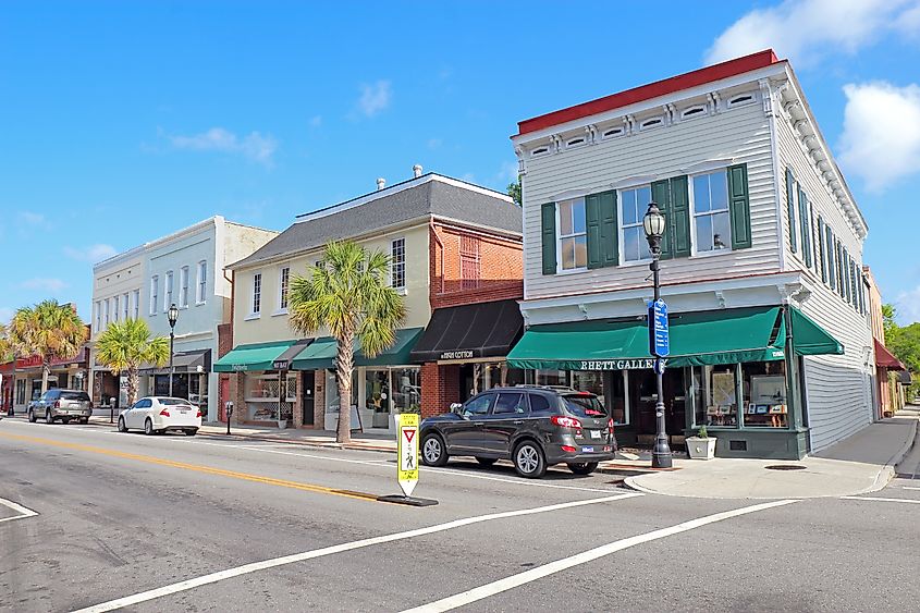 Businesses on Bay Street in Beaufort, South Carolina.