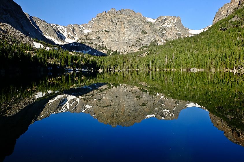 Mountain and Trees Reflected in Alpine Lake. The Loch, Rocky Mountain National Park, Colorado.