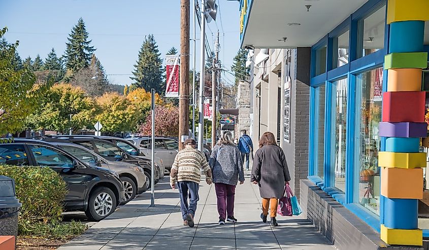 Downtown street in Bainbridge Island, Washington.