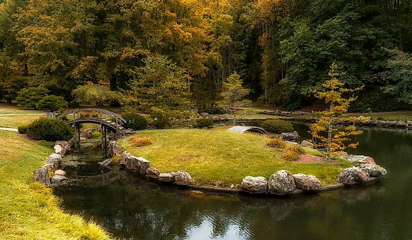 The Japanese Garden with fall colors at Dawes Arboretum in Newark Ohio.