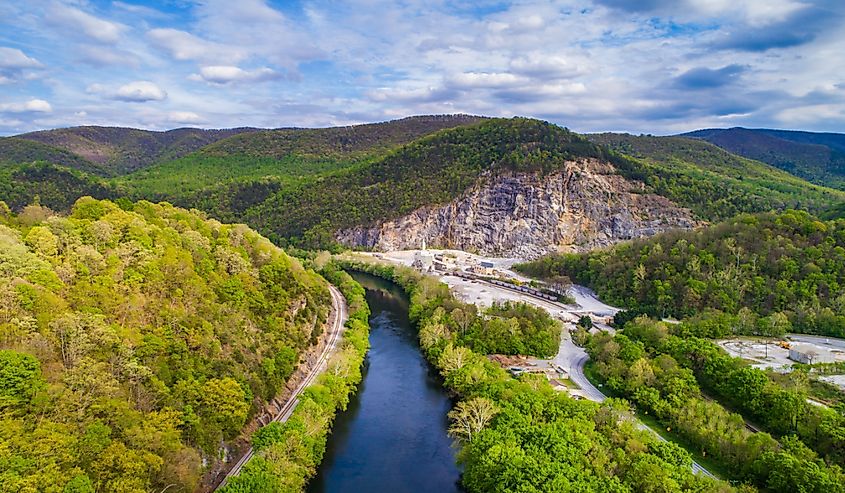 Aerial view of the James River and surrounding mountains in Buchanan, Virginia. Image credit Jon Bilous via Shutterstock.
