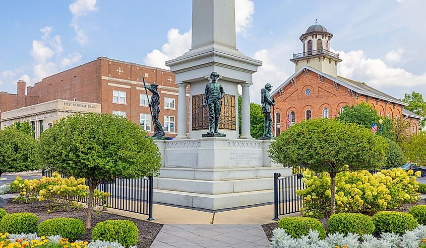 The Steuben County Soldiers Monument in downtown, with the Courthouse in the background, Angola, Indiana