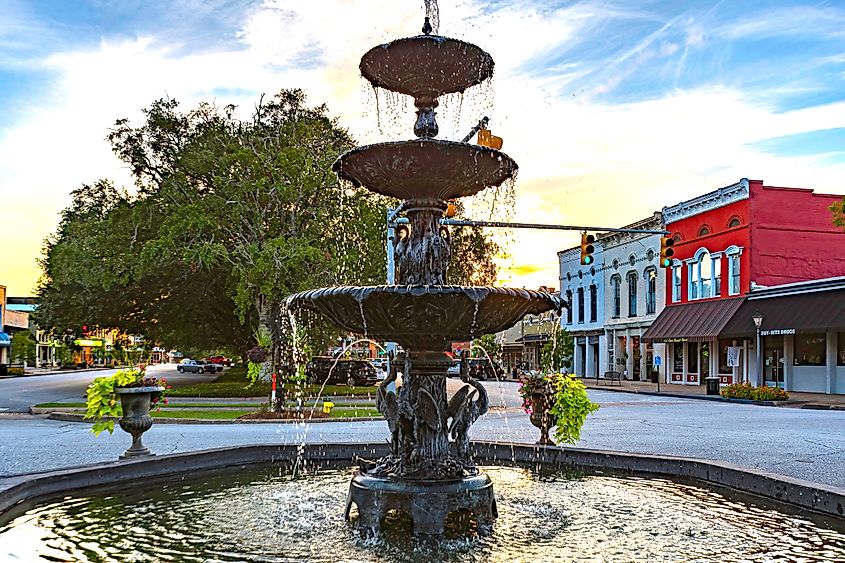 MacMonnie's Fountain in Eufaula at sunset.