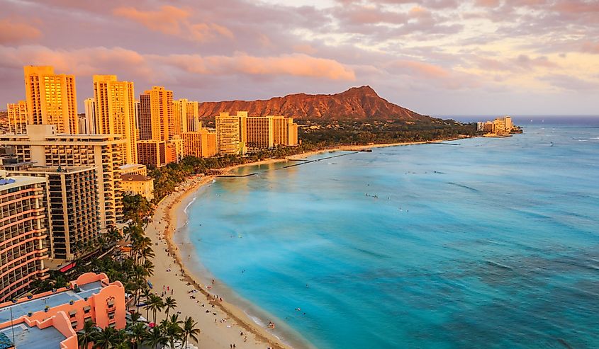 Skyline of Honolulu, Diamond Head volcano including the hotels and buildings on Waikiki Beach.