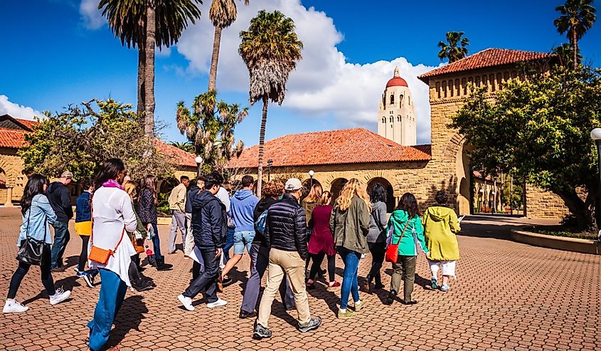 Group of prospective students on college tour at Stanford University, Stanford, California.