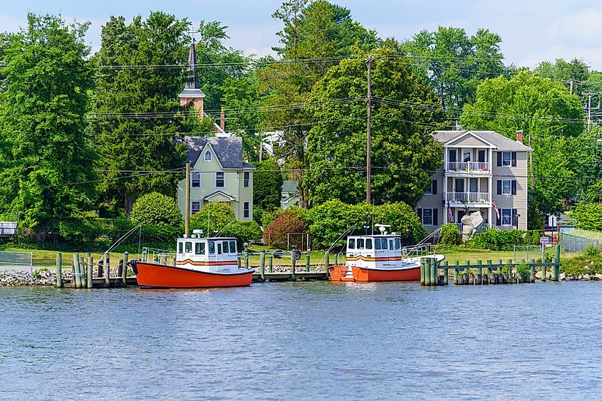 Pilot Boats are tied to a dock in the Chesapeake and Delaware Canal in Chesapeake City, Maryland.