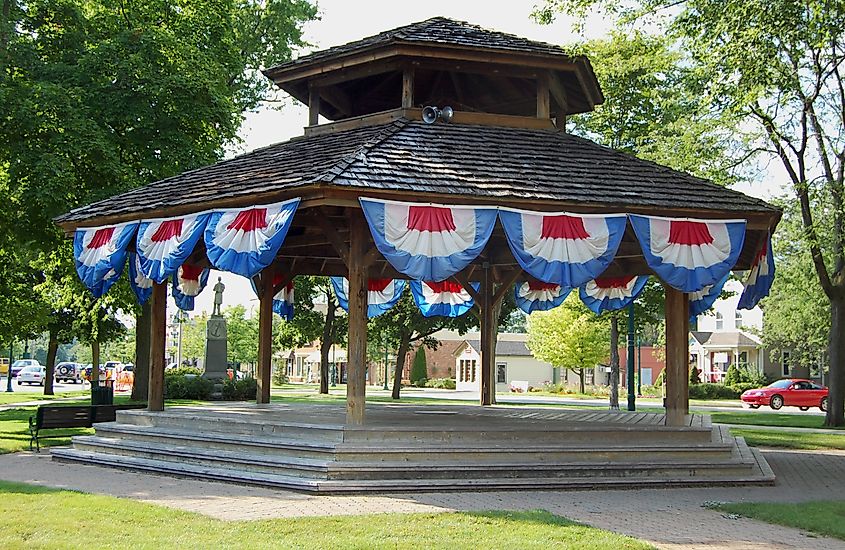 Bandstand with 4th of July decorations in Dexter, Michigan.