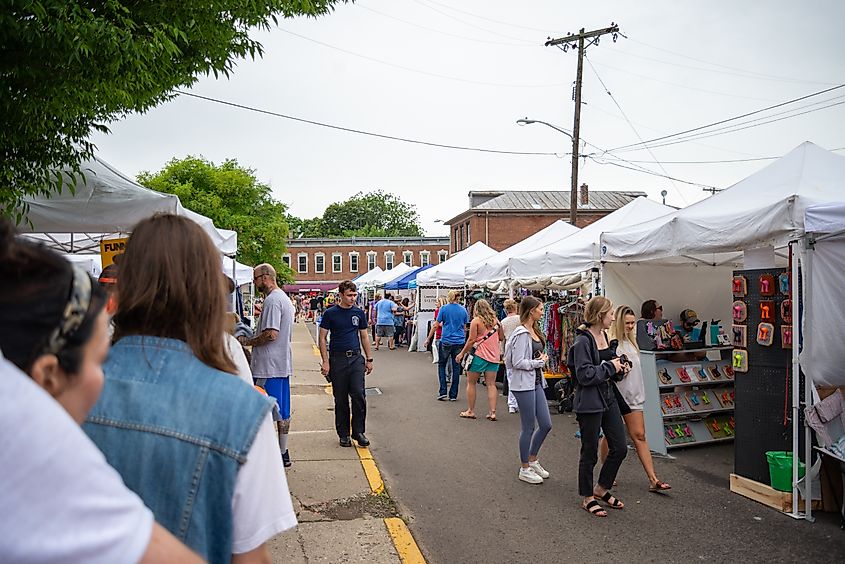 A lively public street fair in Yellow Springs, Ohio.