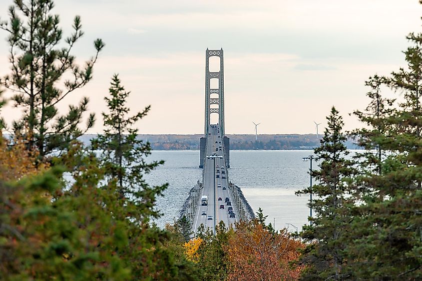 The Mackinac Bridge as viewed from a hill.